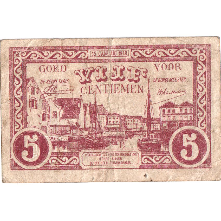 Belgien, 1918-01-15, 5 CENTIEMEN, S+