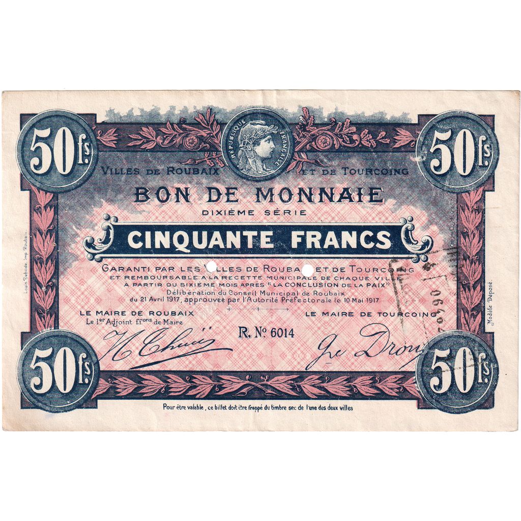 Banconote, Pirot:59-2181, SPL-, Roubaix et Tourcoing, 50 Francs, 1917, Francia