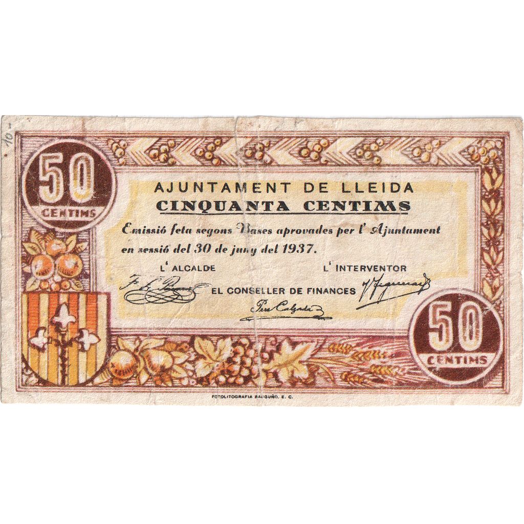 Hiszpania, 50 Centimos, 1937-06-30, LLEIDA, EF(40-45)