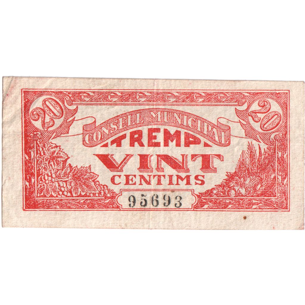 Espanha, 20 Centimes, TREMP SEGELL MUNICIPAL, EF(40-45)