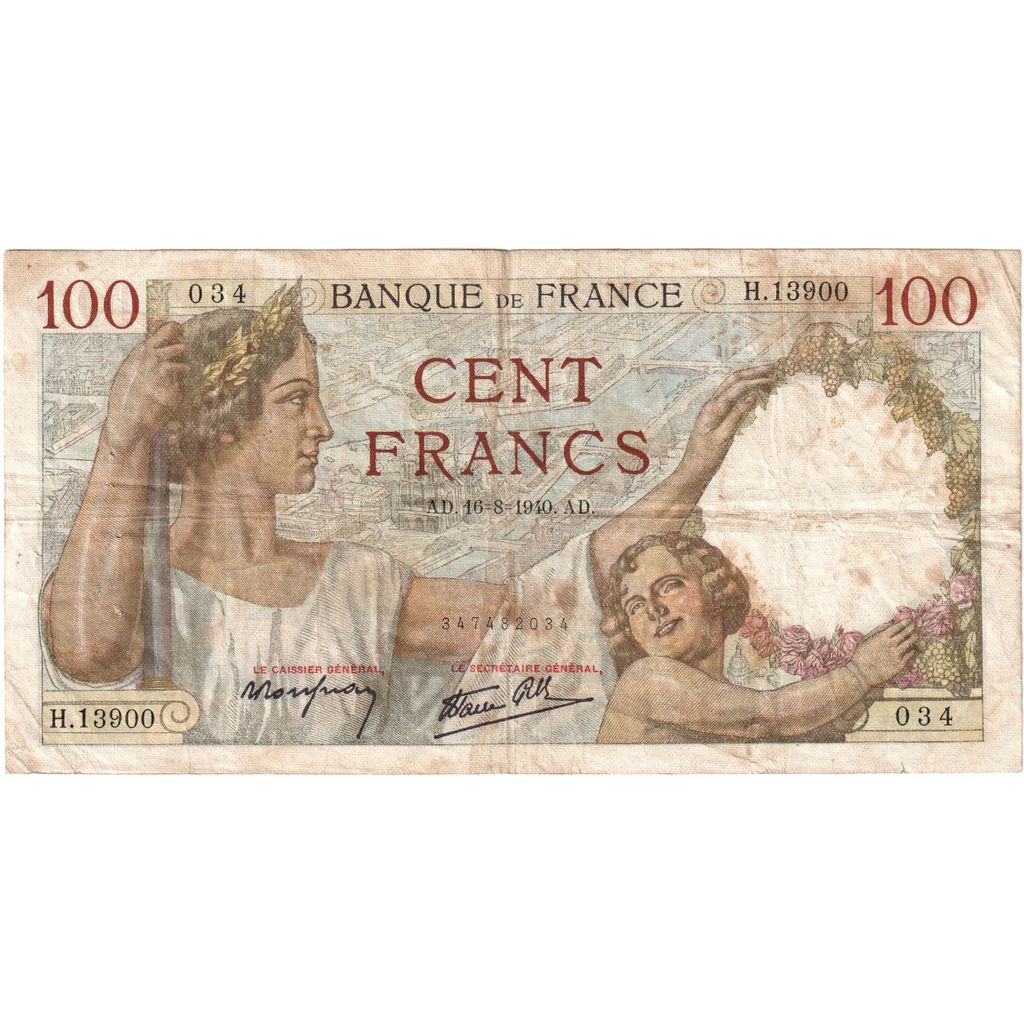 France, 100 Francs, Sully, 1940-08-16, H.13900, VF(20-25)