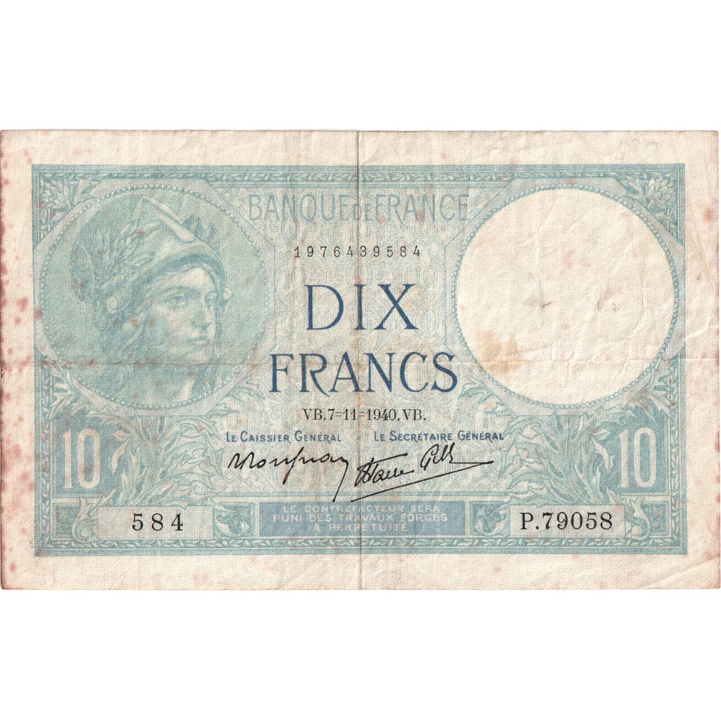 France, 10 Francs, Minerve, 1940-11-07, P.79058, VF(20-25)