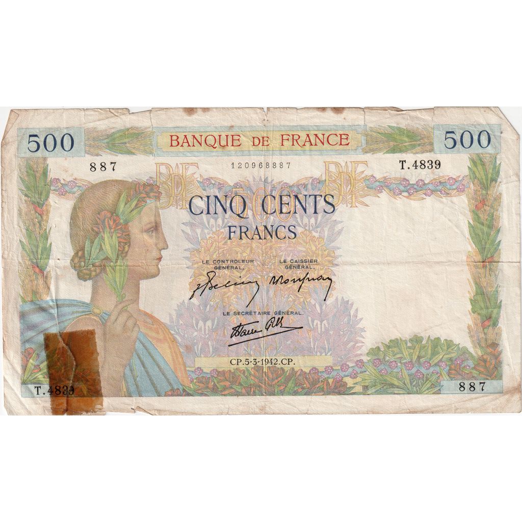 France, 500 Francs, La Paix, 1942-03-05, T.4839, VF(20-25)