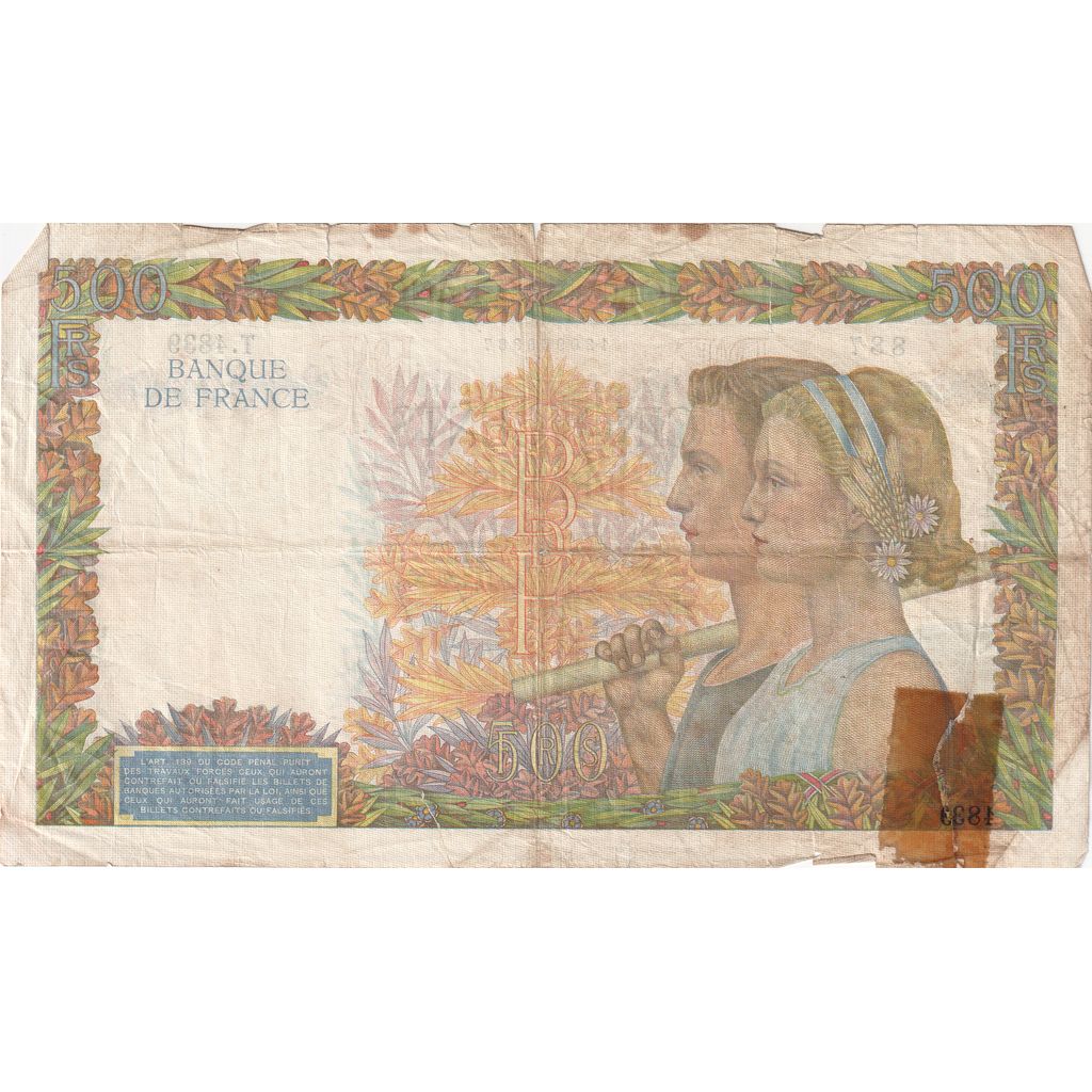 France, 500 Francs, La Paix, 1942-03-05, T.4839, VF(20-25)