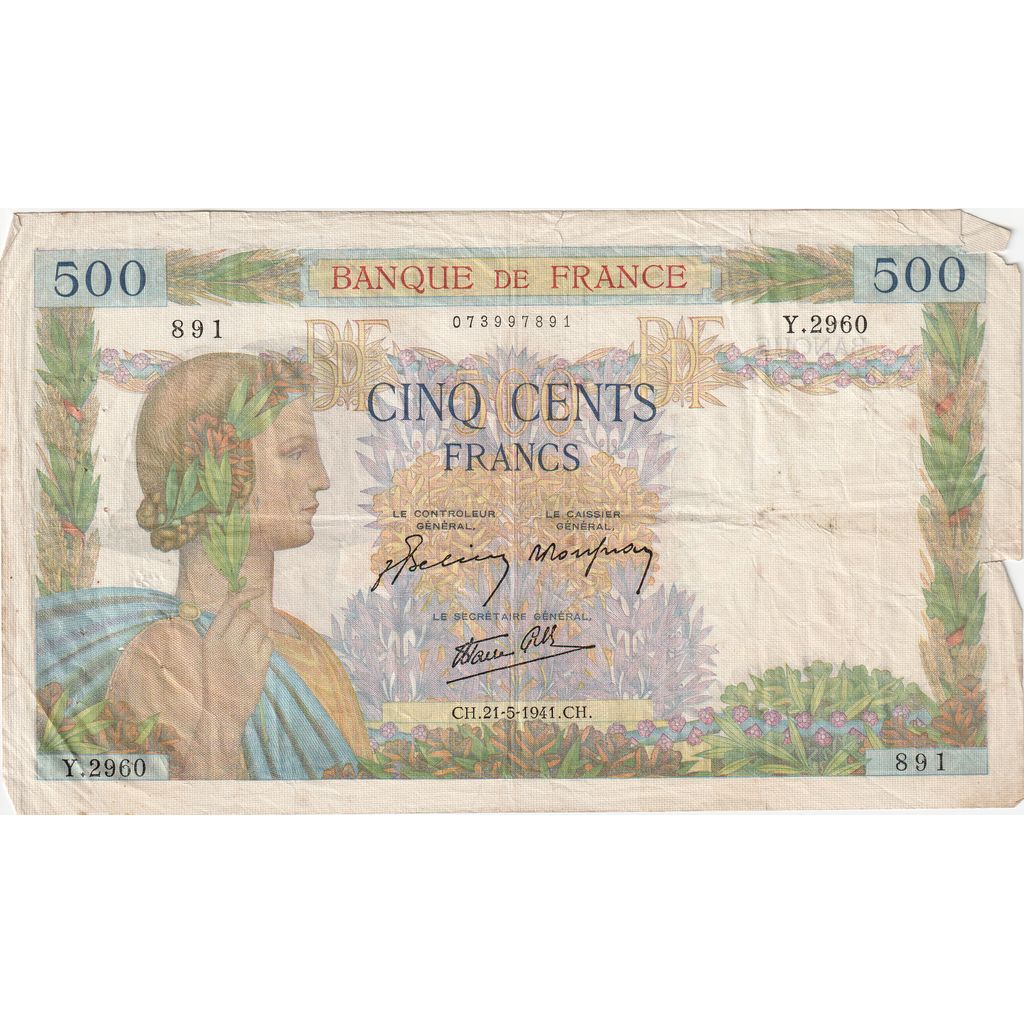 France, 500 Francs, La Paix, 1941-05-21, Y.2960, TB+