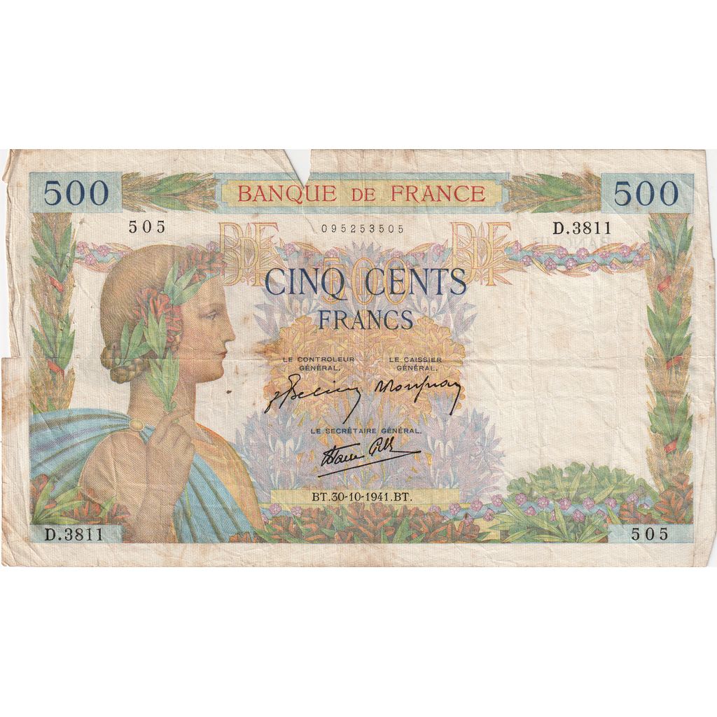 France, 500 Francs, La Paix, 1941-10-30, D.3811, VF(20-25)