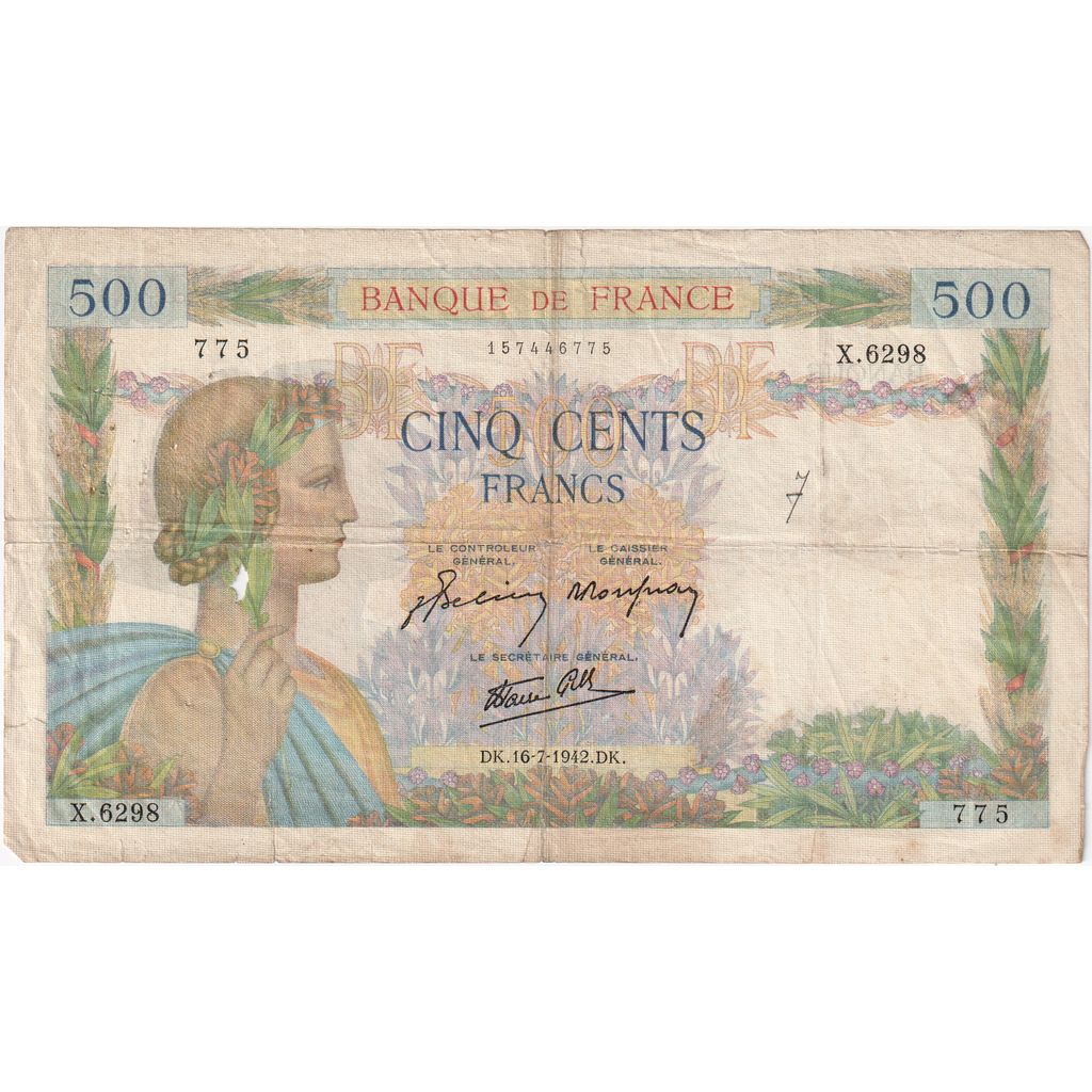 France, 500 Francs, La Paix, 1942-07-16, X.6298, VF(20-25)