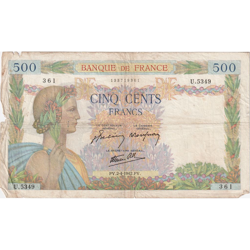Francja, 500 Francs, La Paix, 1942-04-02, U.5349, VF(20-25)