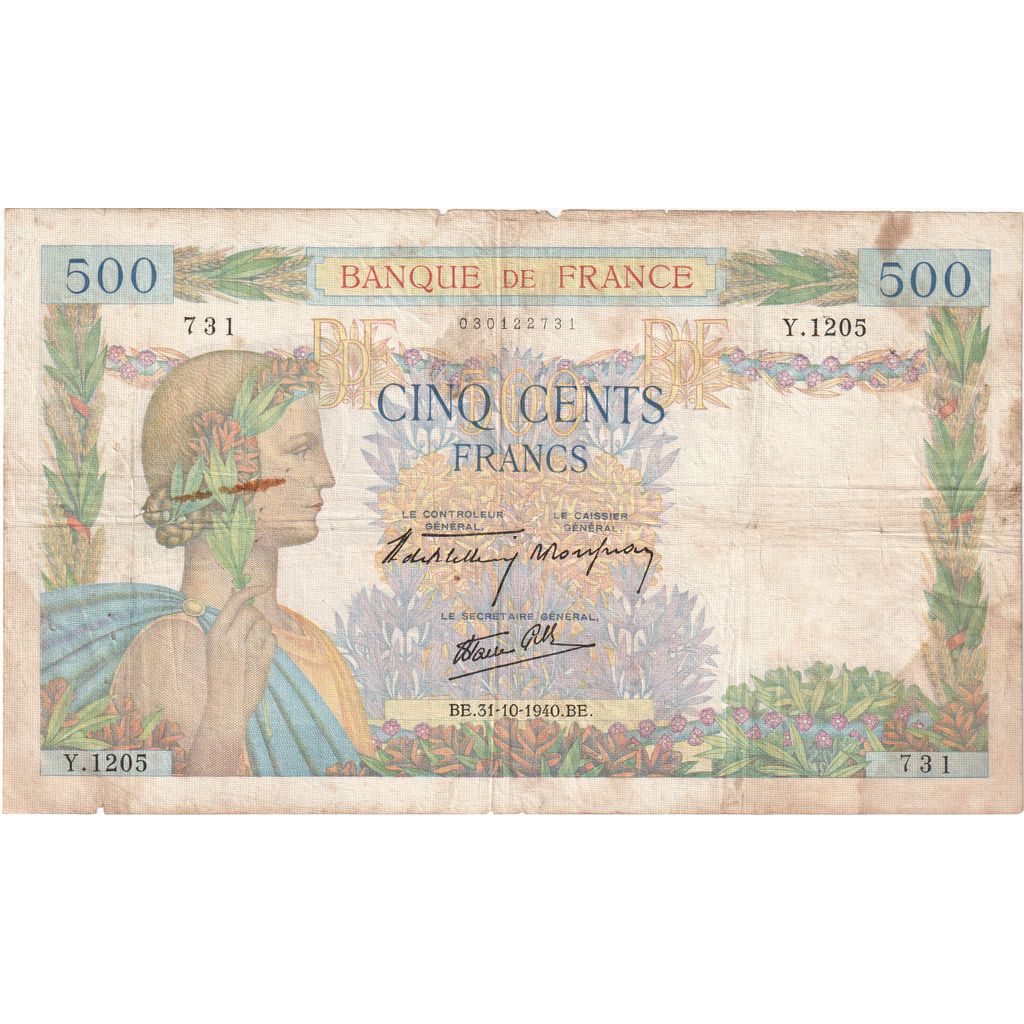 Francia, 500 Francs, La Paix, 1940-10-31, Y.1205, MB