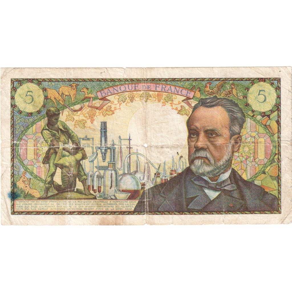 France, 5 Francs, Pasteur, 1969, 1969-09-04, VF(30-35), Fayette:61.11, KM:146b