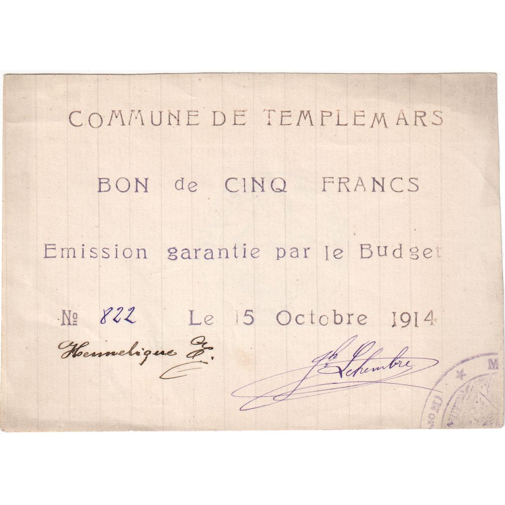 Francja, 5 Francs, 1914-10-15, EF(40-45)