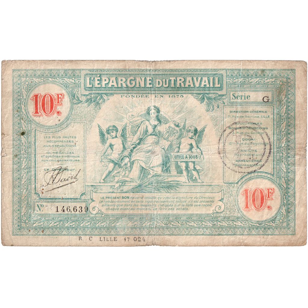 Francia, 10 Francs, L EPARGNE DU TRAVAIL, MB
