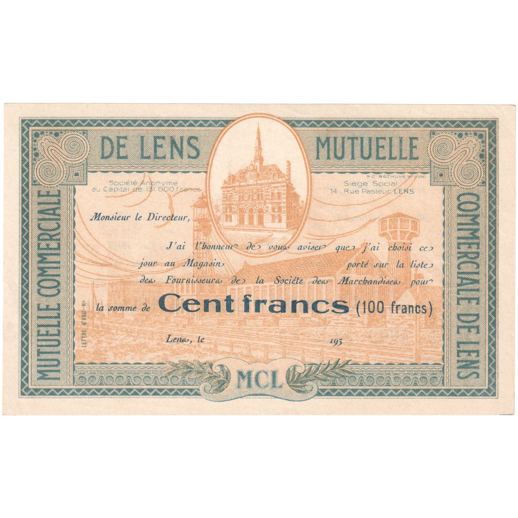 Francia, 100 Francs, LENS MUTUELLE COMMERCIALE, BB