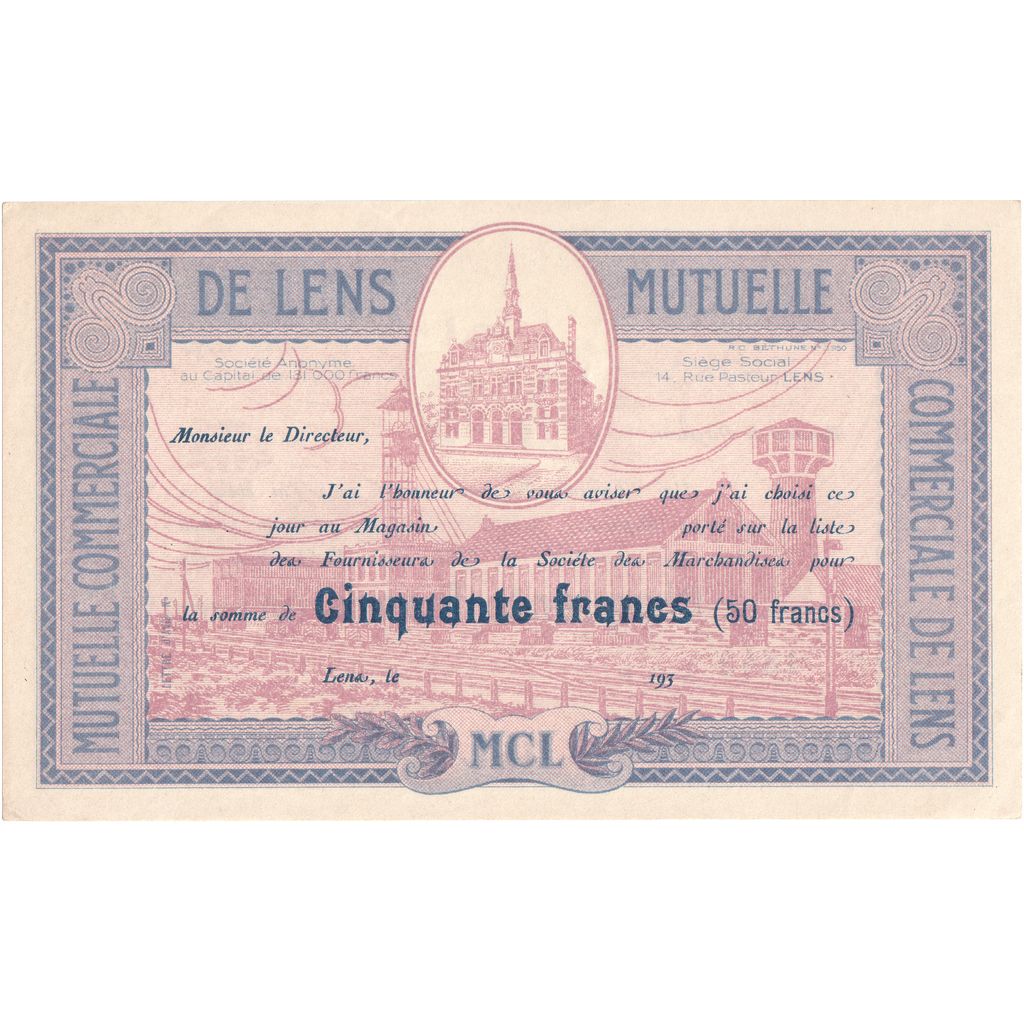 Francia, 50 Francs, LENS MUTUELLE COMMERCIALE, BB