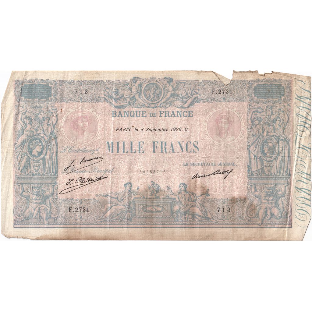 França, 1000 Francs, Bleu et Rose, 1926-09-08, F.2731, VF(20-25)
