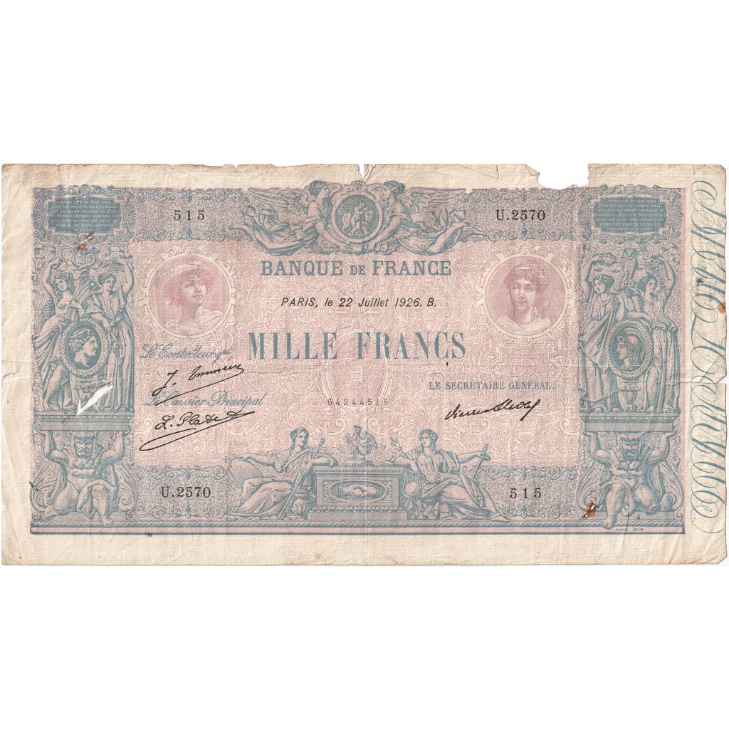 Francia, 1000 Francs, Bleu et Rose, 1926-07-22, U.2570, BC