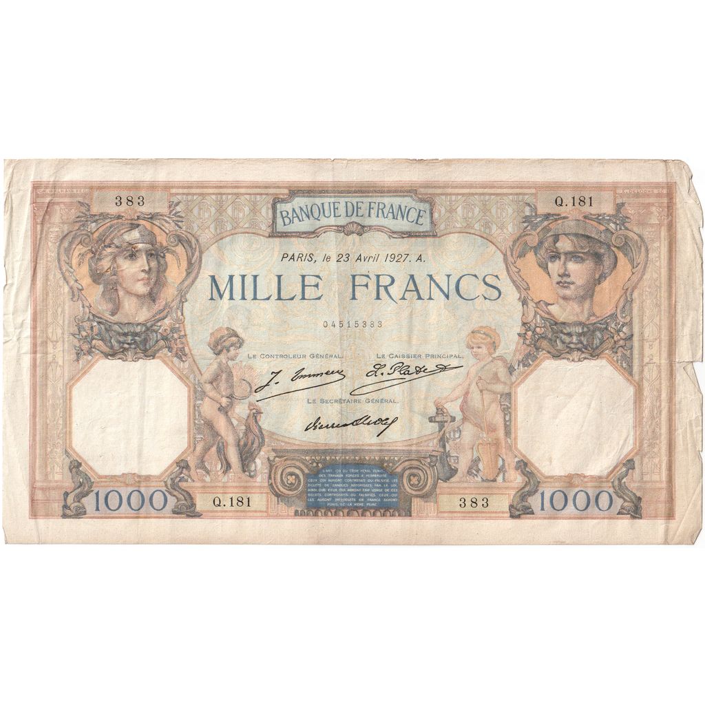 France, 1000 Francs, Cérès et Mercure, 1927-04-23, Q.181, VF(20-25)