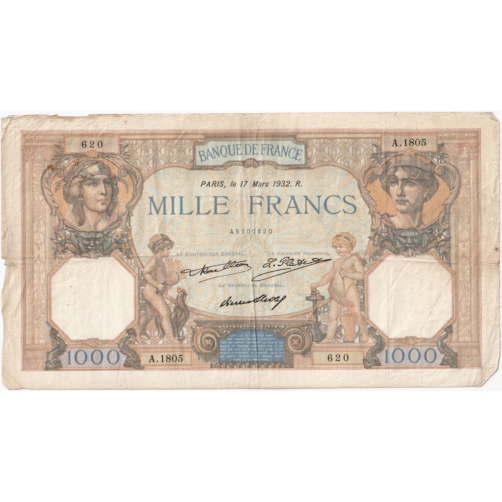 France, 1000 Francs, Cérès et Mercure, 1932-03-17, A.1805, VF(20-25)
