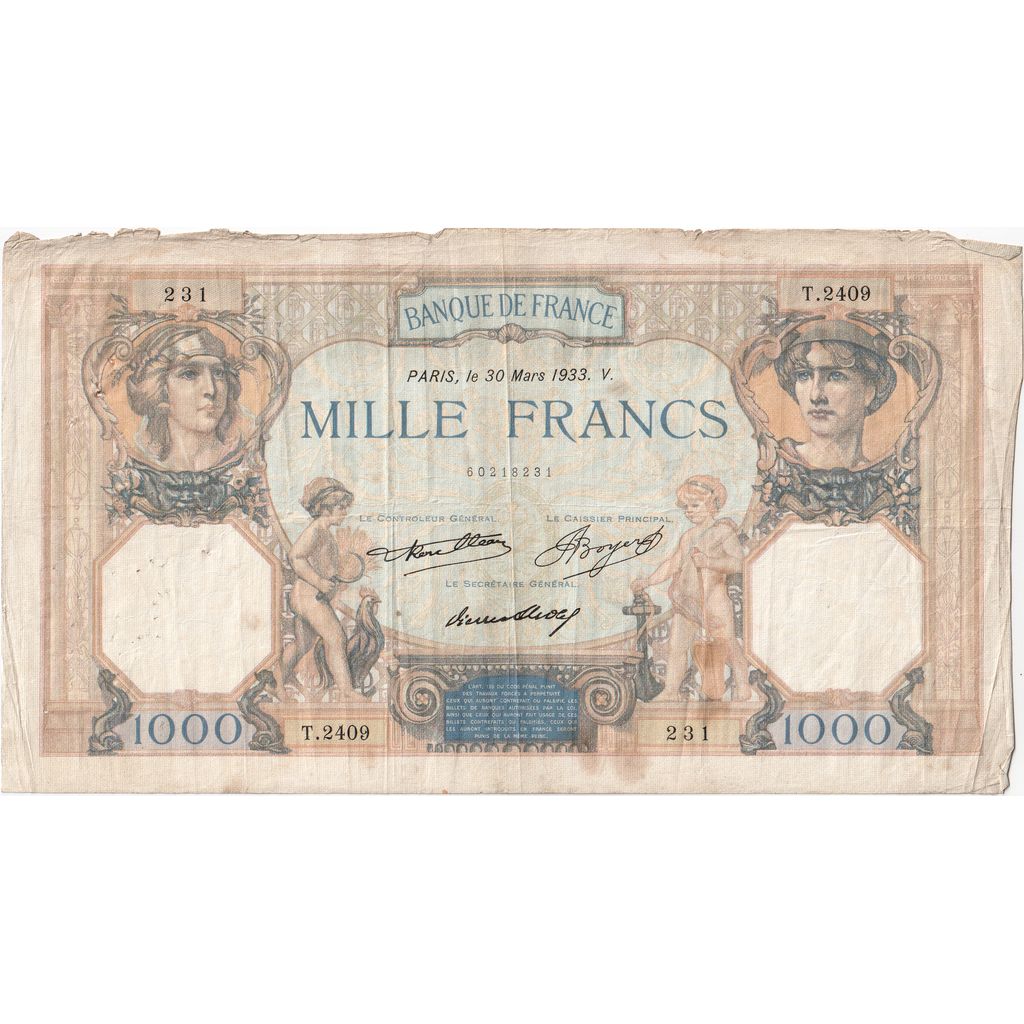 France, 1000 Francs, Cérès et Mercure, 1933-03-30, T.2409, TB