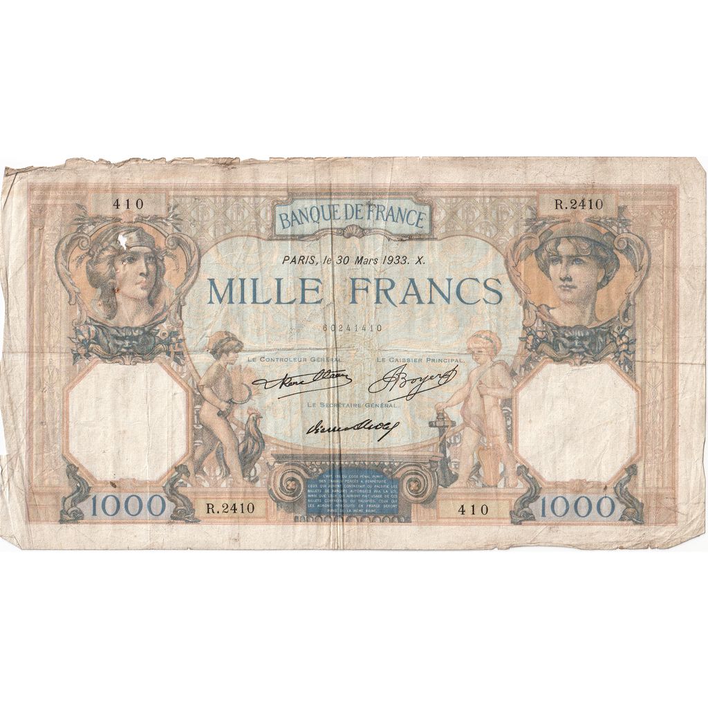 France, 1000 Francs, Cérès et Mercure, 1933-03-30, R.2410, VF(20-25)