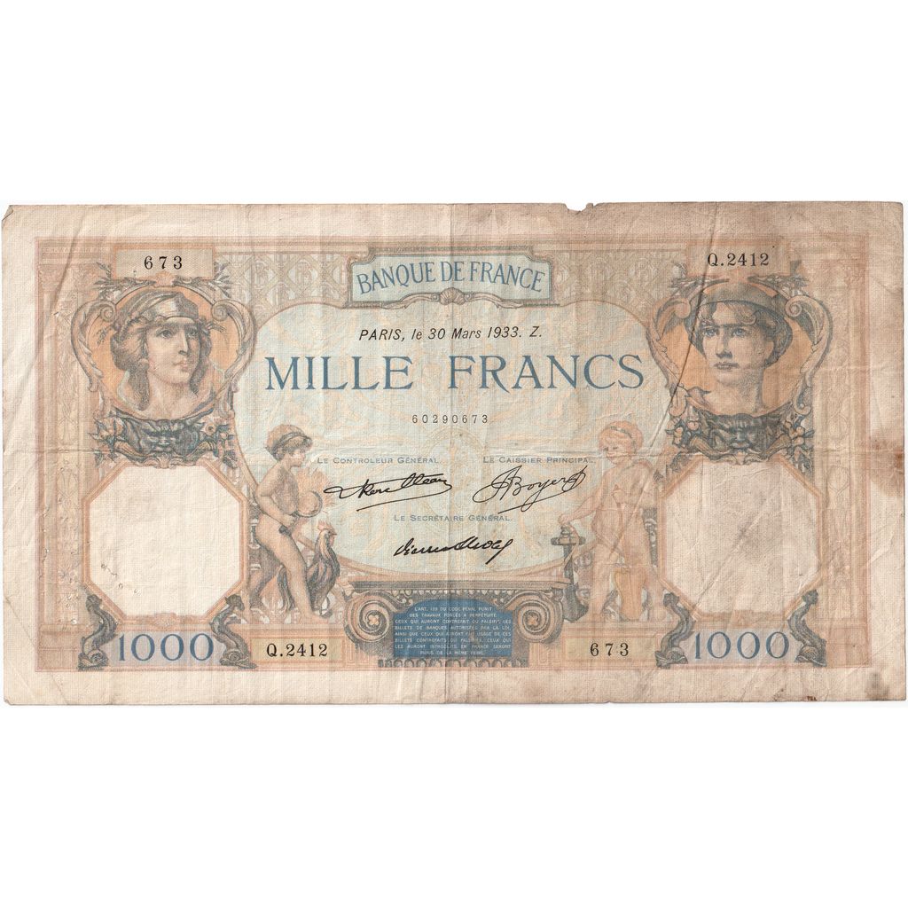 France, 1000 Francs, Cérès et Mercure, 1933-03-30, Q.2412, TB