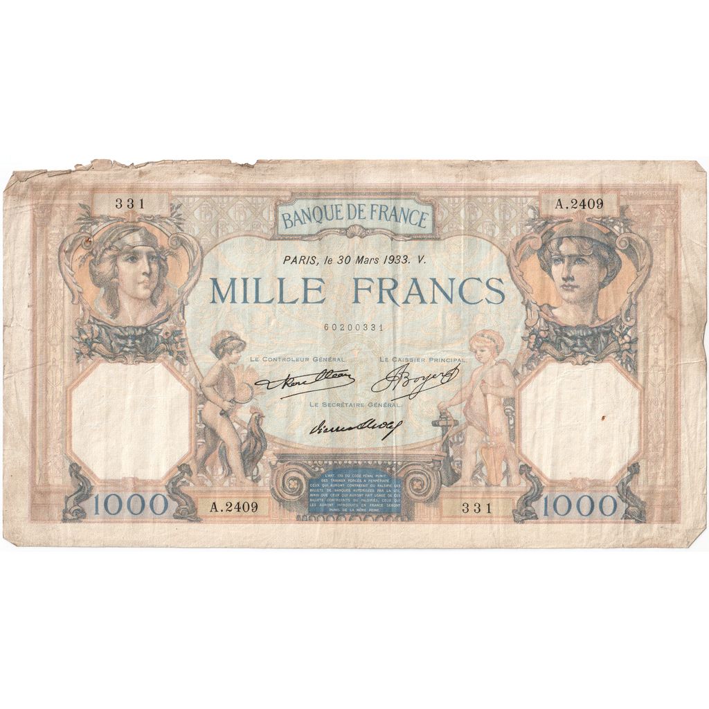 Francia, 1000 Francs, Cérès et Mercure, 1933-03-30, A.2409, BC
