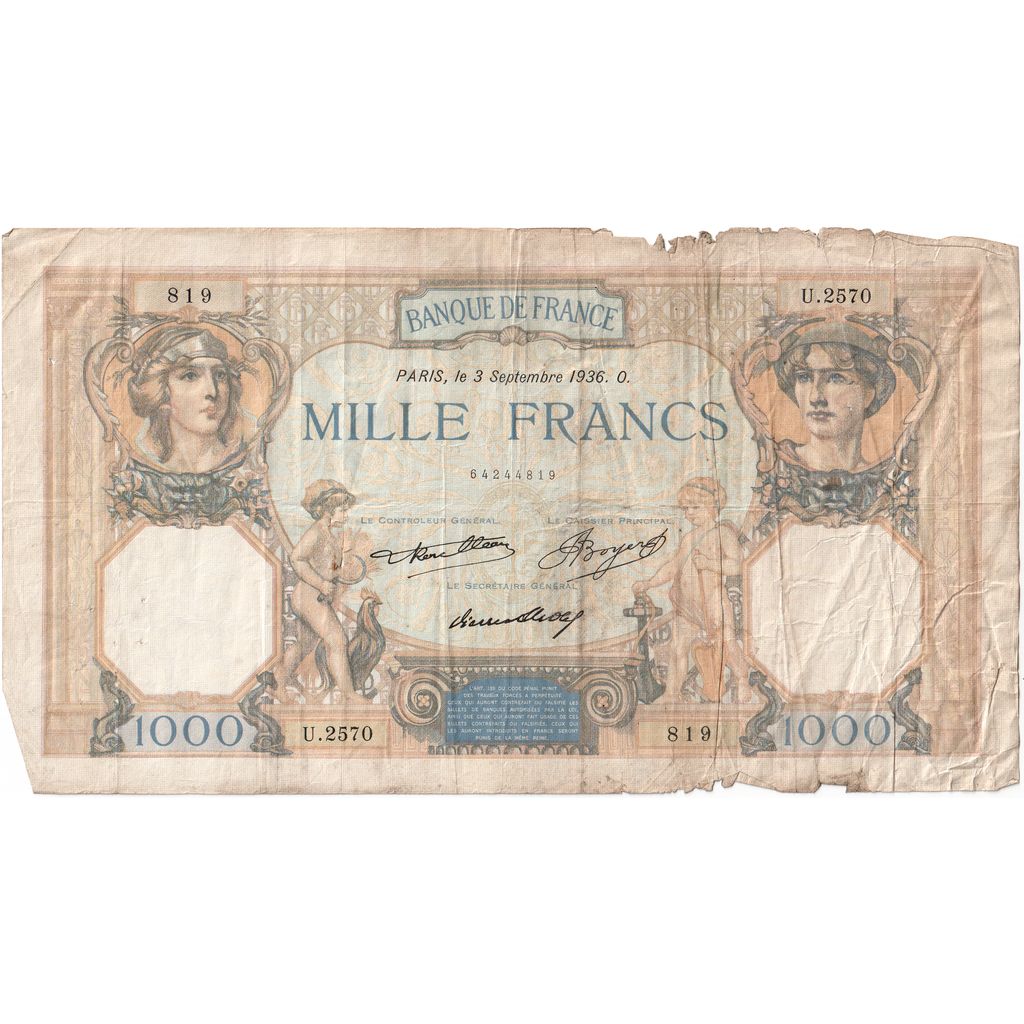 France, 1000 Francs, Cérès et Mercure, 1936-09-03, U.2570, TB