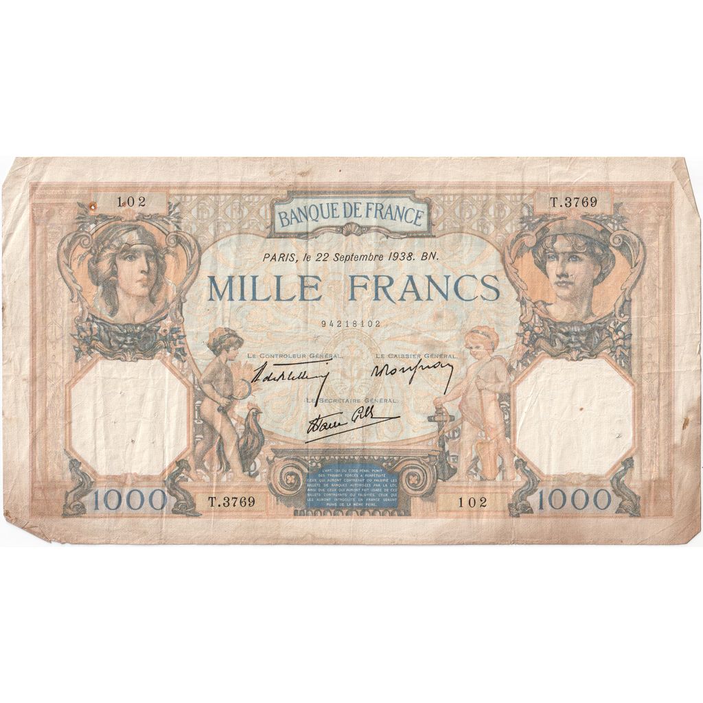 França, 1000 Francs, Cérès et Mercure, 1938-09-22, T.3769, VF(20-25)