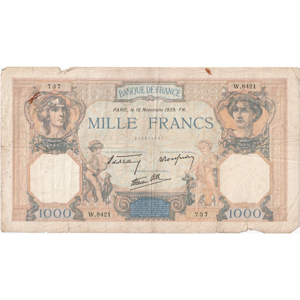 France, 1000 Francs, Cérès et Mercure, 1939-11-16, W.8421, VF(20-25)