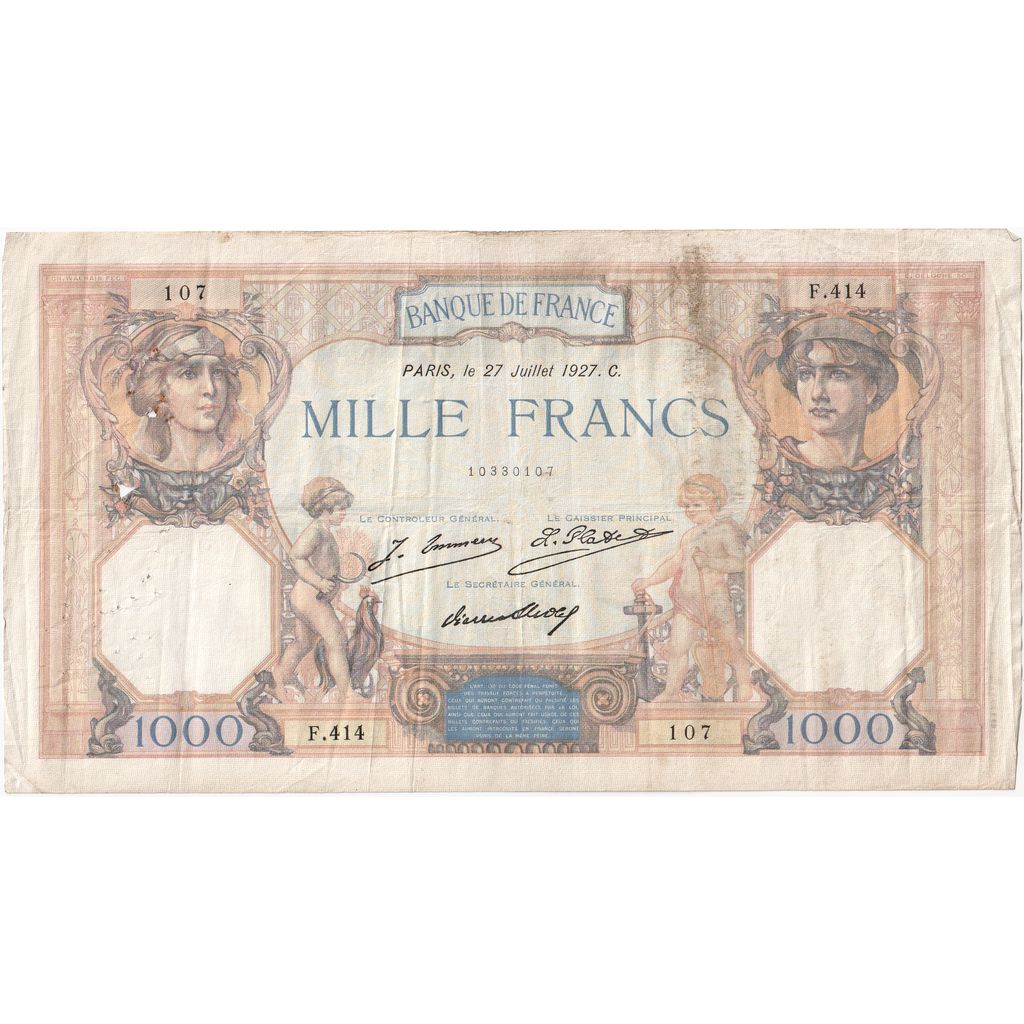 France, 1000 Francs, Cérès et Mercure, 1927-07-30, F.414, VF(20-25)