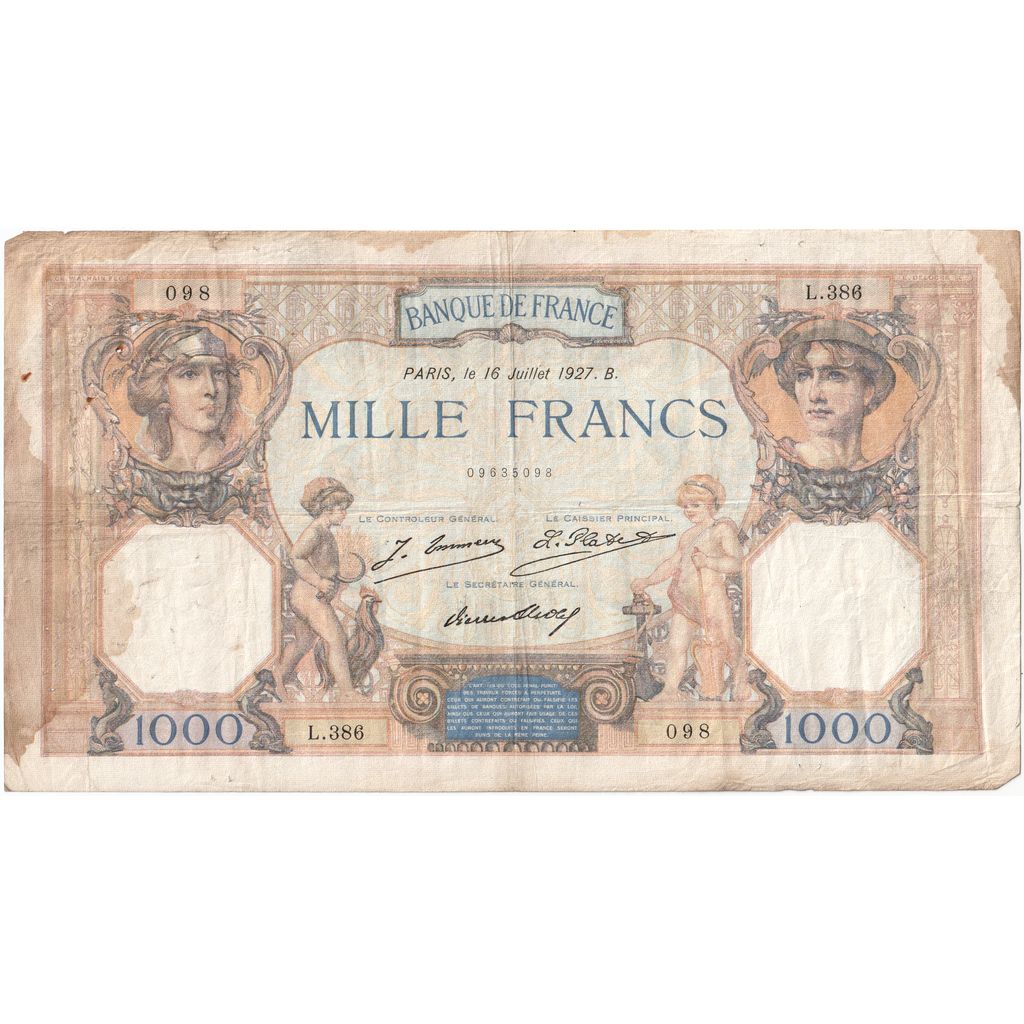Francia, 1000 Francs, Cérès et Mercure, 1927-07-16, L.386, BC