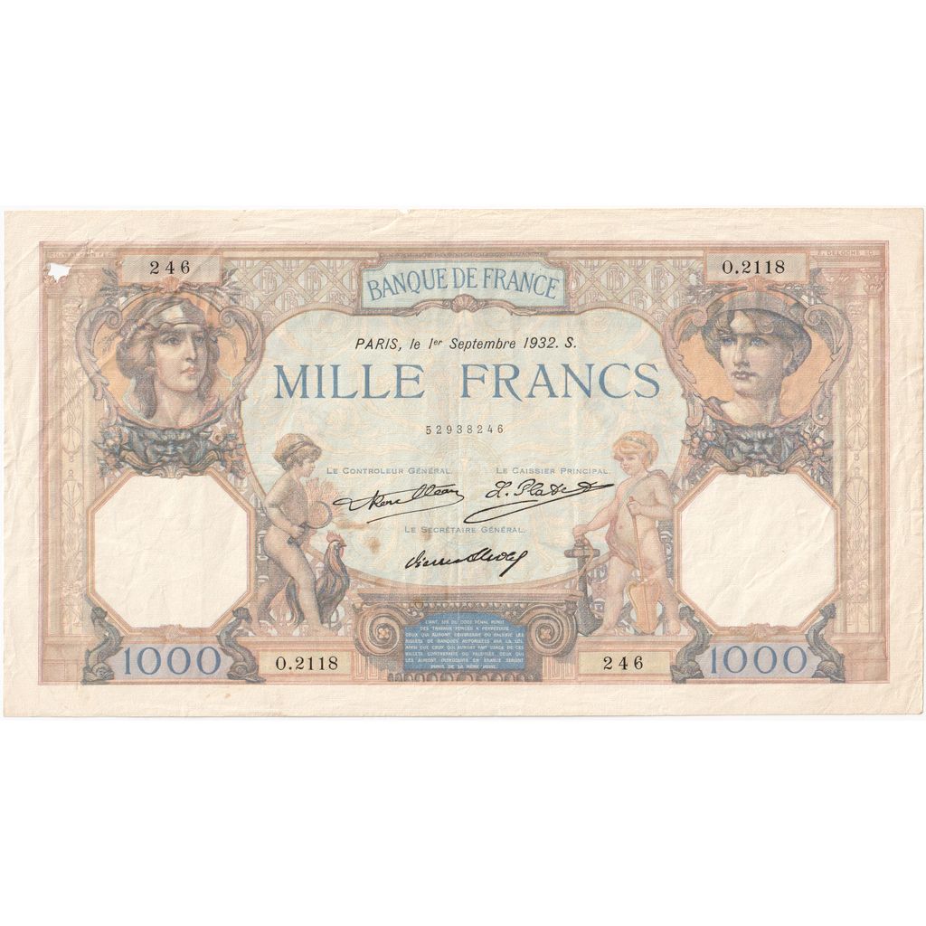 France, 1000 Francs, Cérès et Mercure, 1932-09-01, O.2118, VF(30-35)