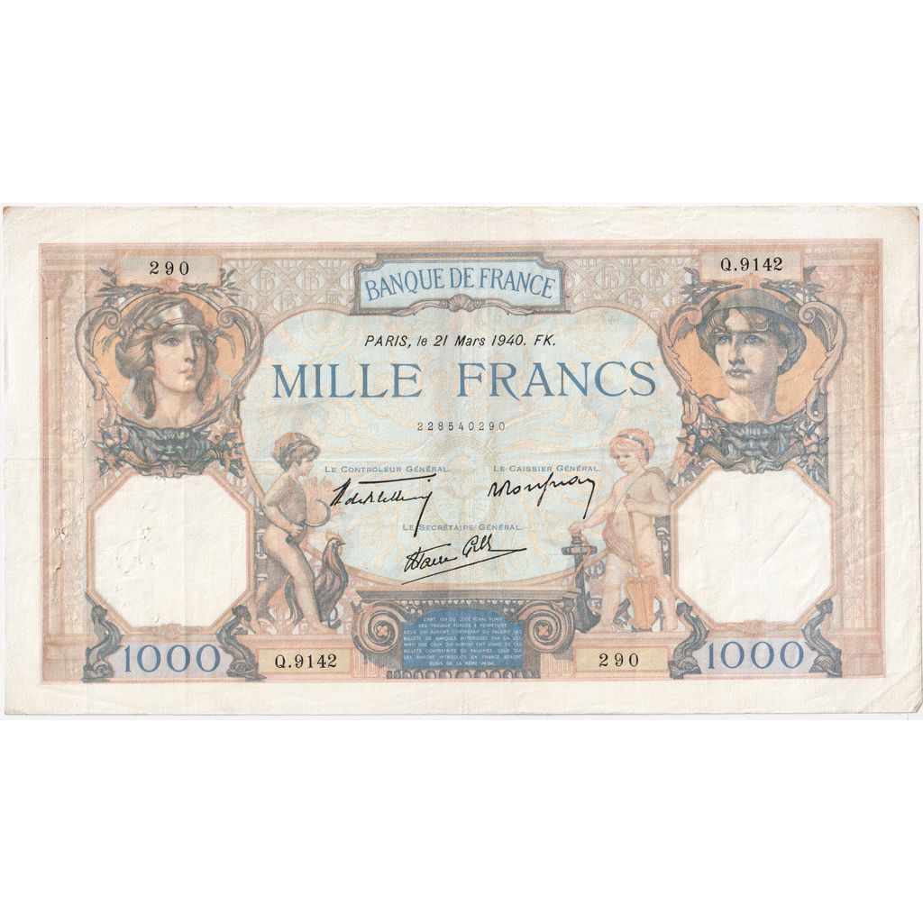 France, 1000 Francs, Cérès et Mercure, 1940-03-21, Q.9142, EF(40-45)