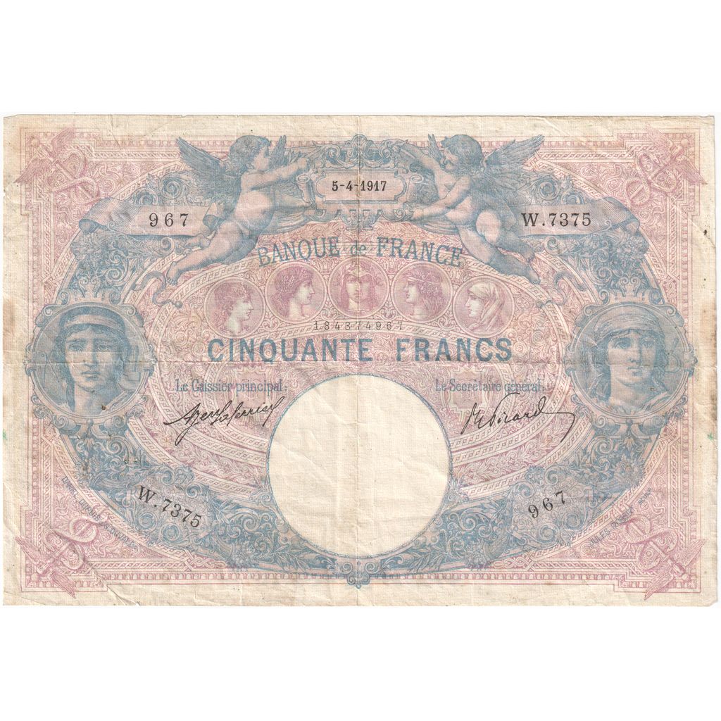 France, 50 Francs, Bleu et Rose, 1917-04-05, W.7375, VF(20-25)
