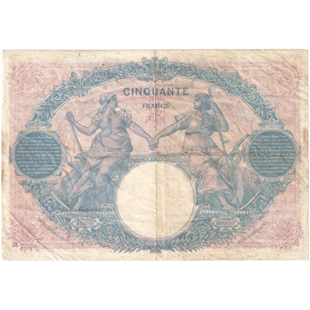 France, 50 Francs, Bleu et Rose, 1917-04-05, W.7375, VF(20-25)