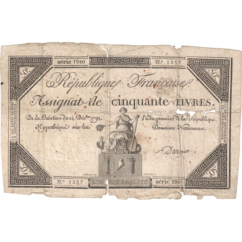 Francja, 50 Livres, 1792-12-14, VF(20-25)
