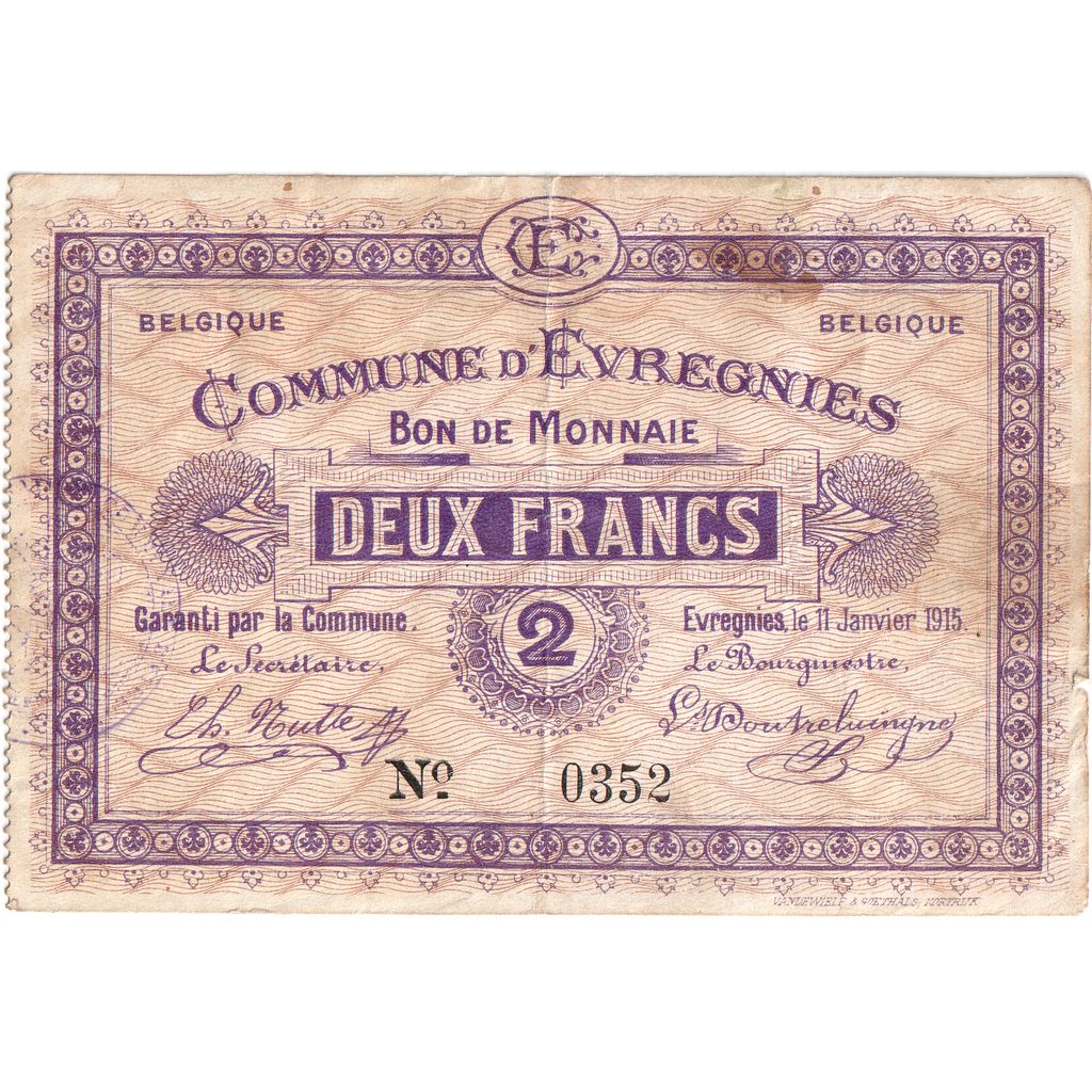 België, 2 Francs, 1915-01-11, COMMUNE D EVREGNIES, TTB