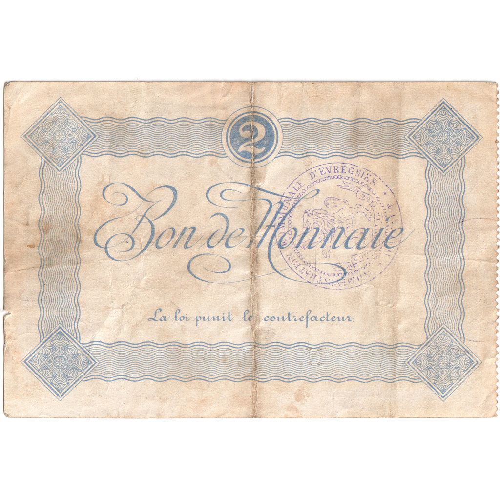 België, 2 Francs, 1915-01-11, COMMUNE D EVREGNIES, TTB