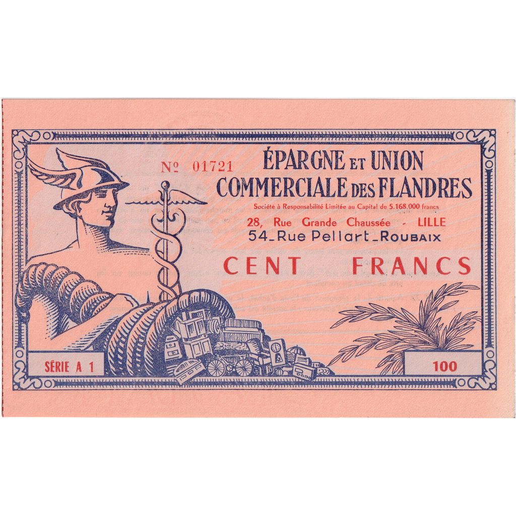 Francia, 100 Francs, SERIE A 1, EPARGNE ET UNION COMMERCIALE DES FLANDRES LILLE