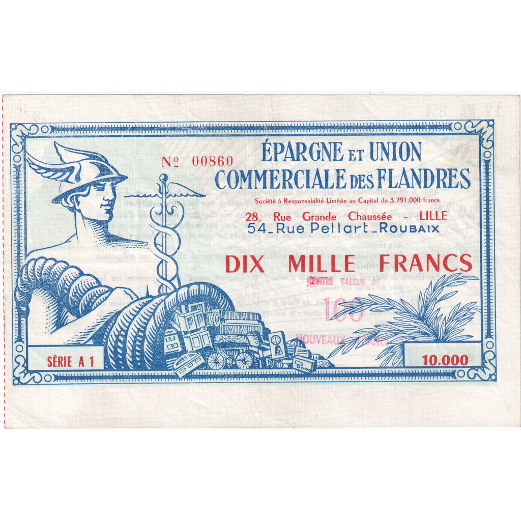 France, 10000 Francs, SERIE A 1, EPARGNE ET UNION COMMERCIALE DES FLANDRES LILLE