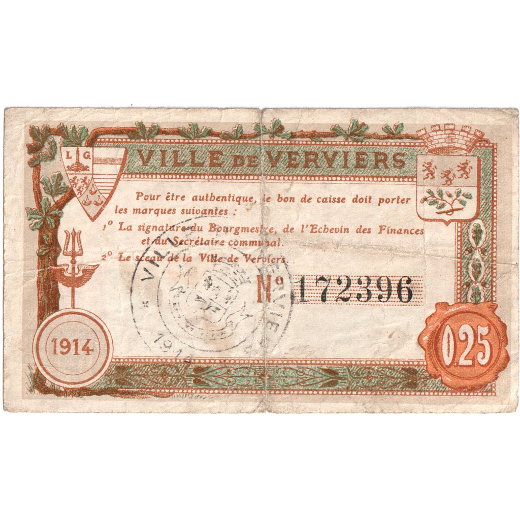 Belgien, 25 Centimes, VILLE DE VERVIERS, SS