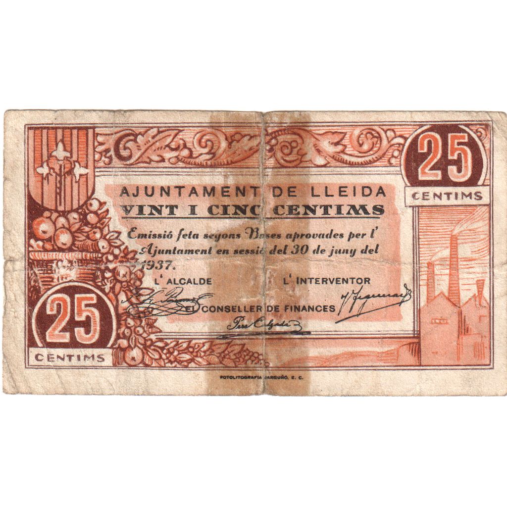 Spagna, 25 Centimes, 1937-06-30, LLEIDA, MB