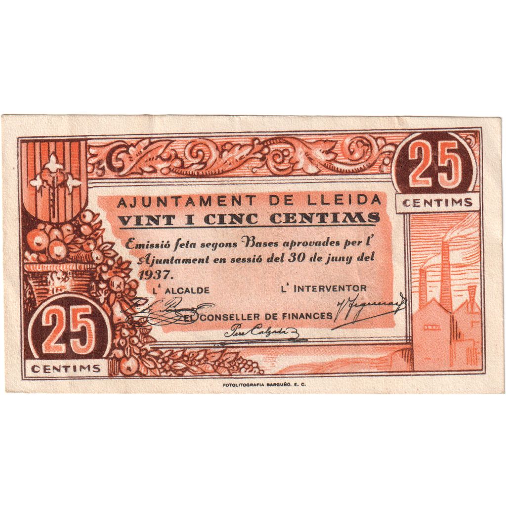 Spagna, 25 Centimes, 1937-06-30, LLEIDA, BB