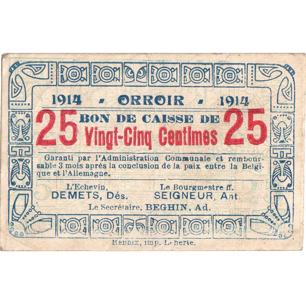 Belgien, 25 Centimes, ORROIR, S+