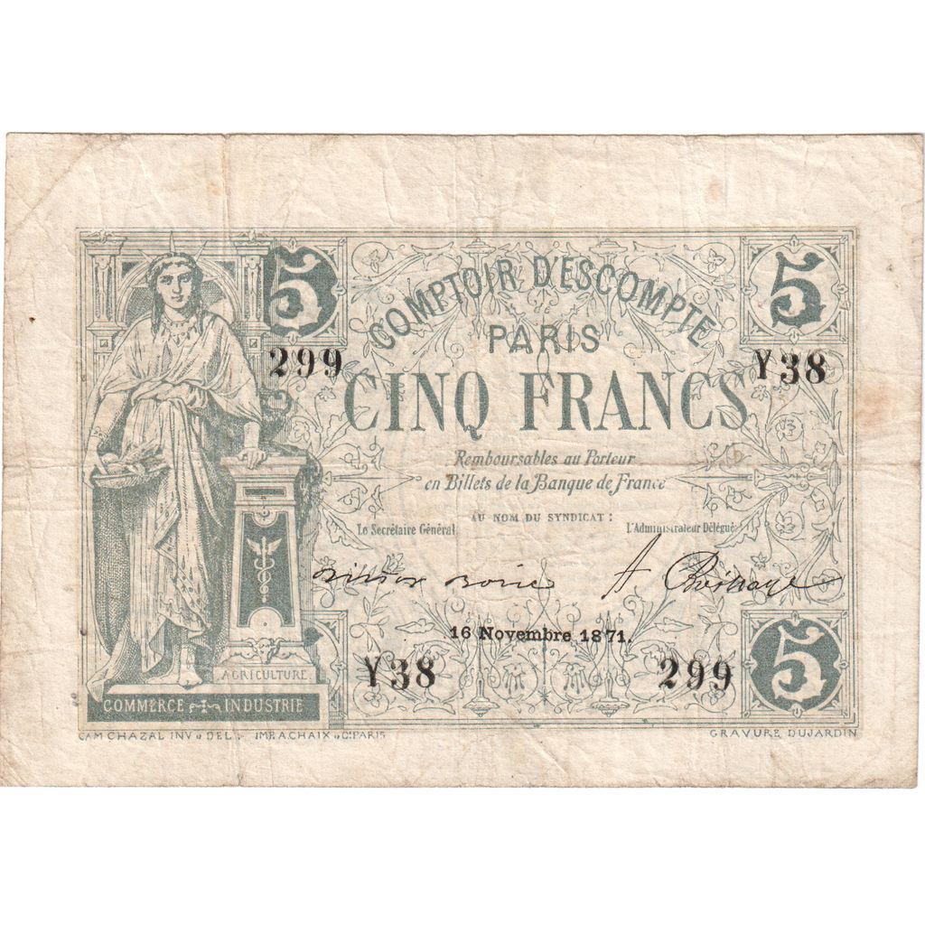 Frankreich, 5 Francs, 1871-11-16, Y.38, COMPTOIR D'ESCOMPTE PARIS, S+
