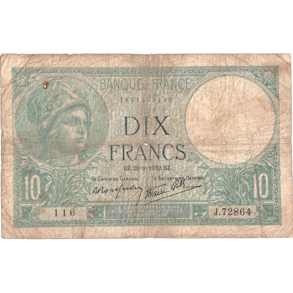França, 10 Francs, Minerve, 1939-09-28, J.72864, VF(20-25)