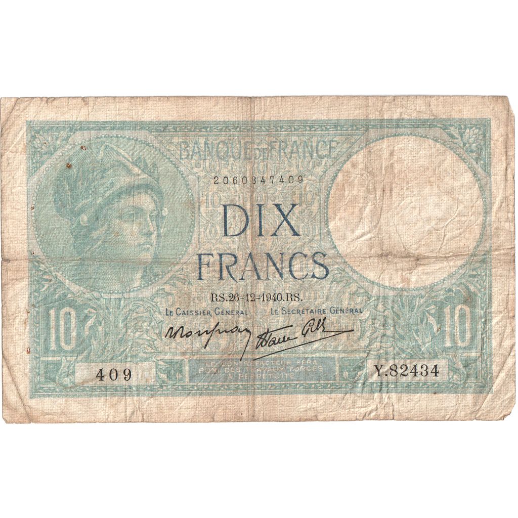 France, 10 Francs, Minerve, 1940-12-26, Y.82434, TB