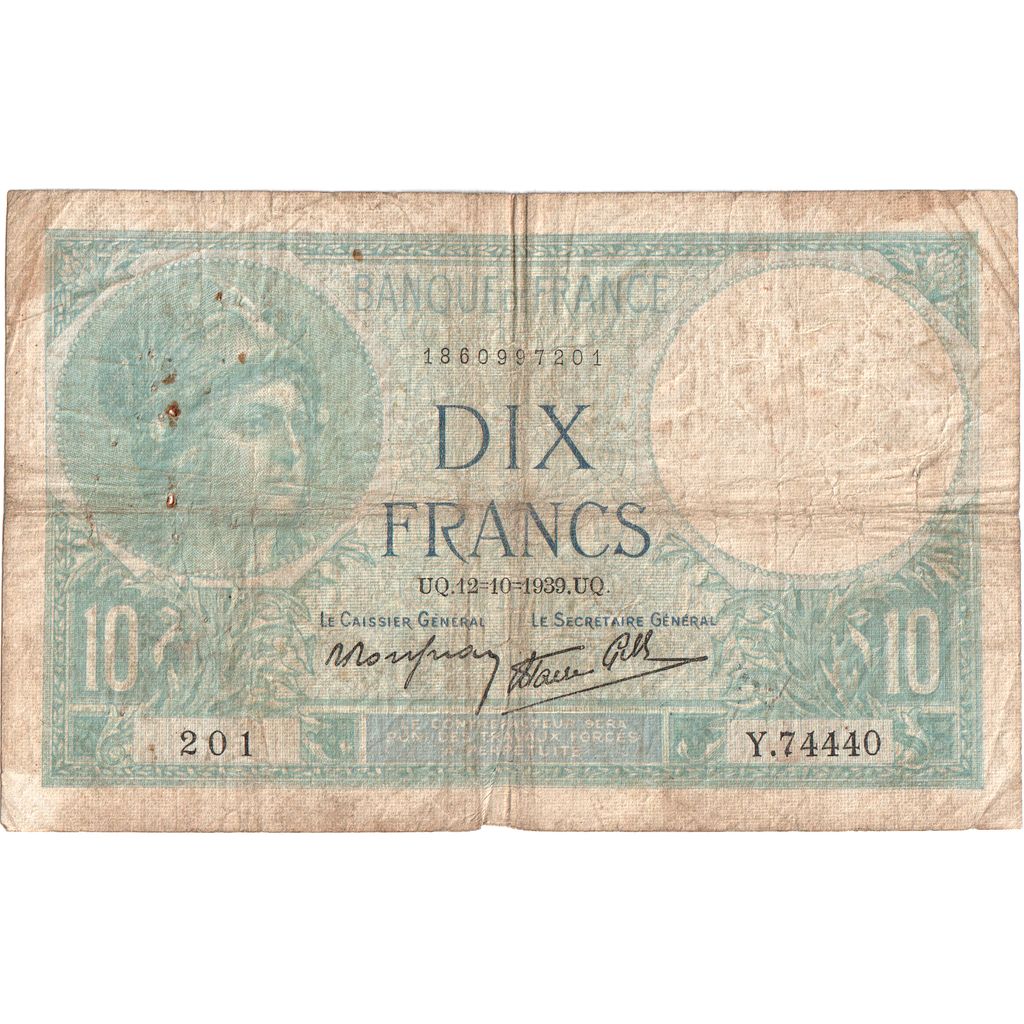 Francia, 10 Francs, Minerve, 1939-10-12, Y.74440, BC