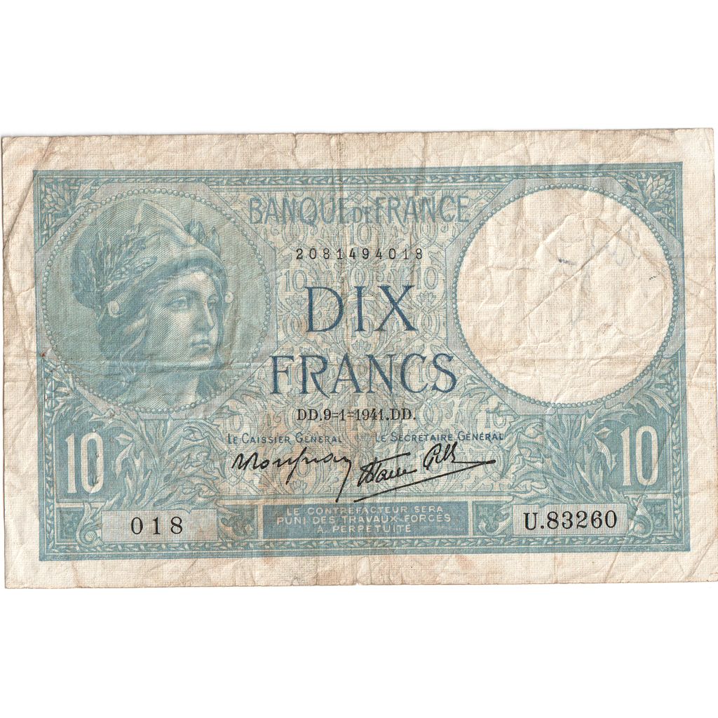 Francia, 10 Francs, Minerve, 1941-01-09, U.83260, BC