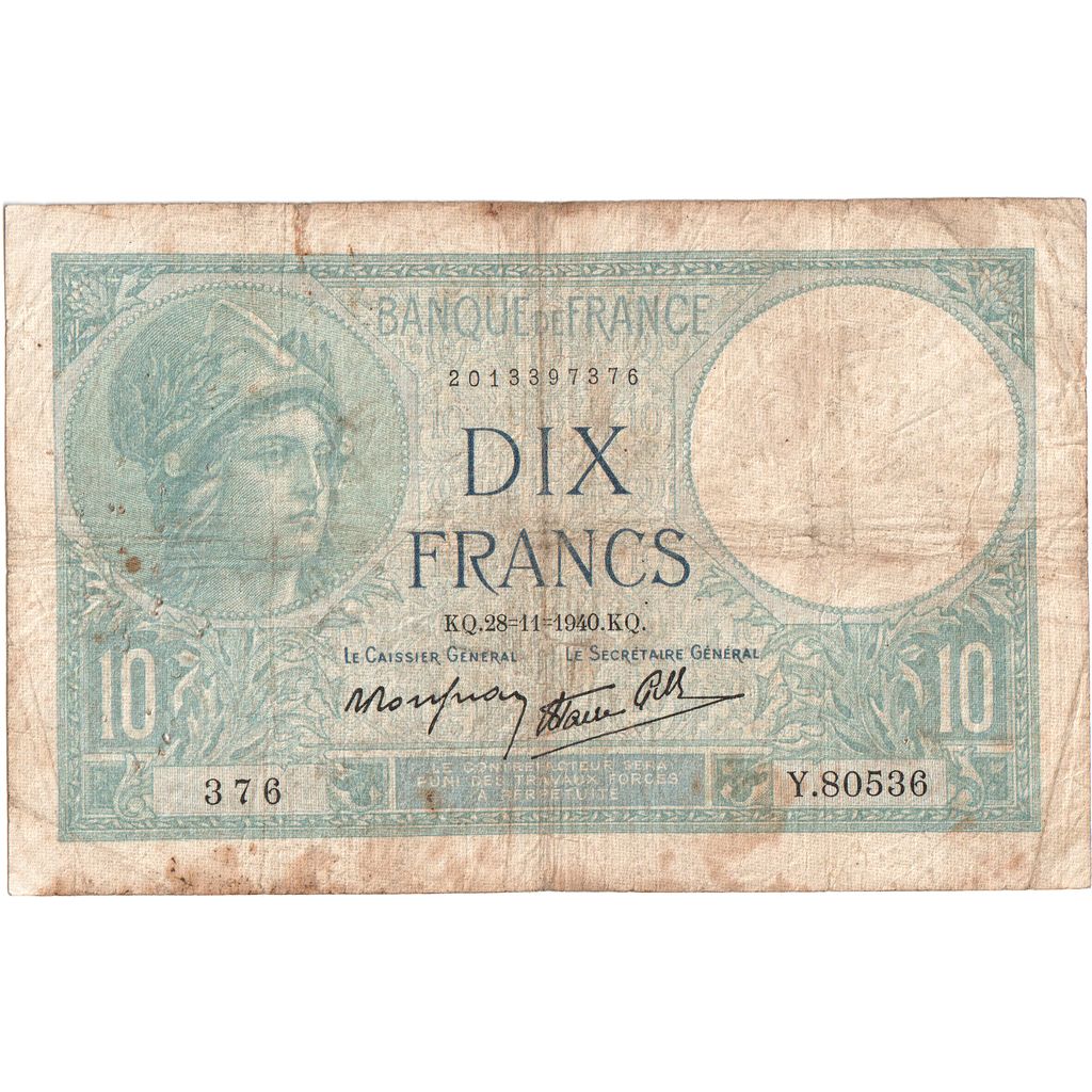 França, 10 Francs, Minerve, 1940-11-28, Y.80536, VF(20-25)